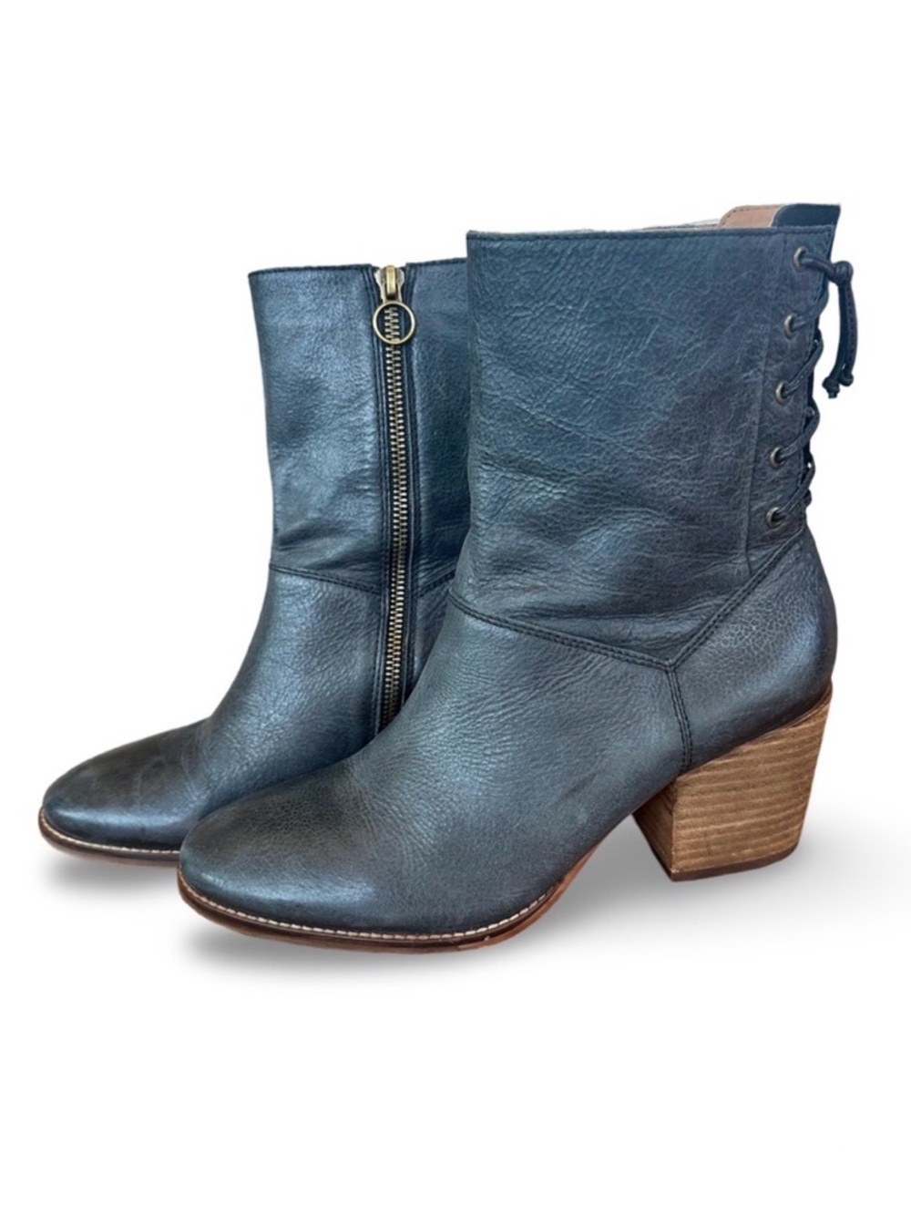 Latigo Anthropologie Smoky Gray Leather Back-Lace-up Side Zip Bootie Size 8.5